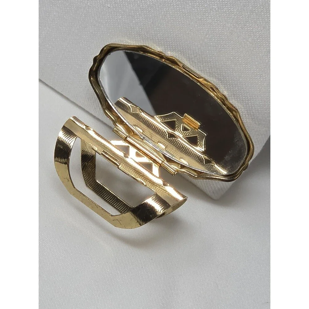 Vintage Lipstick Holder with Mirror Gold Tone Floral Decal Clip-On Vanity